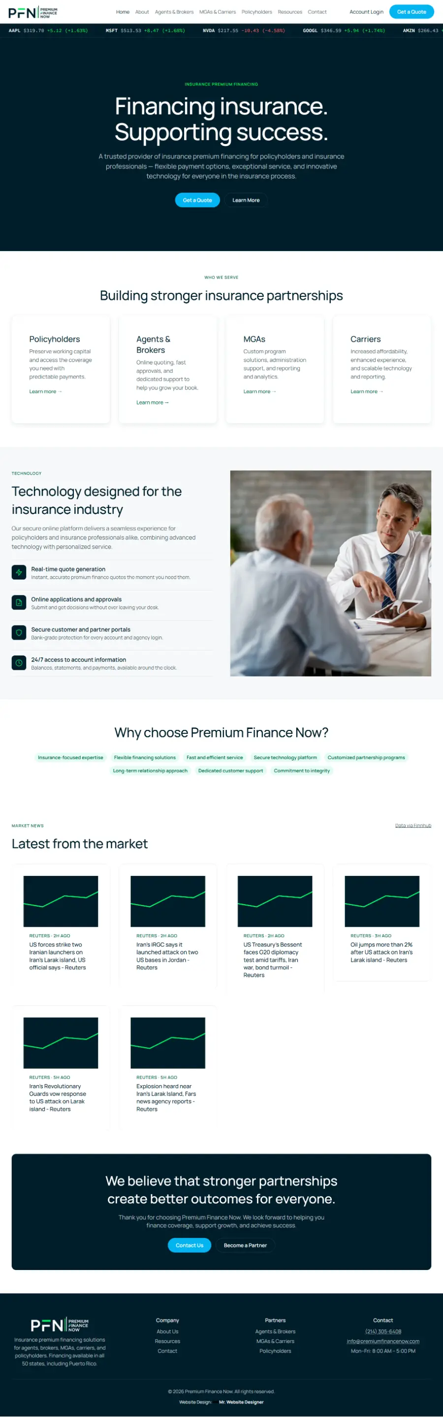 Homepage of the Premium Finance Now website built by Mr. Website Designer