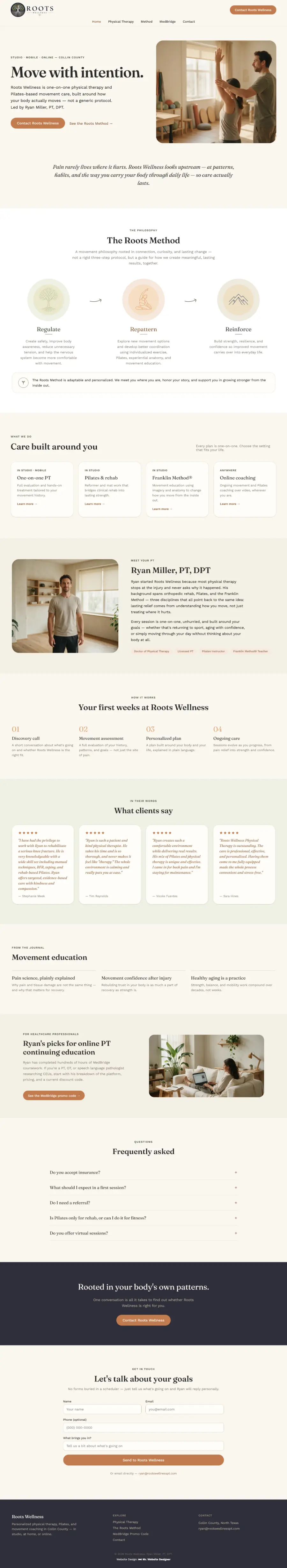 Homepage of the Roots Wellness PT website built by Mr. Website Designer